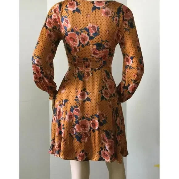 Free People Long Sleeves Autumn Gold Floral Dress Sz 6/8 Knee Length Fall Boho - Picture 3 of 8